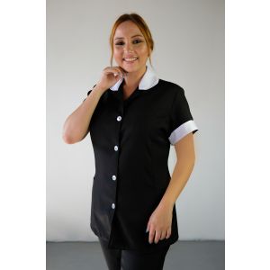 Conjunto de Jaleco Preto com Detalhe Branco e Calça Preta