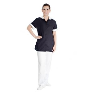 Conjunto de Jaleco Preto com Detalhe Branco e Calça Branca
